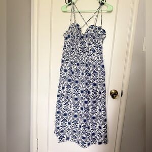 Anthropologie Navy and White Floral Woodcut Sweetheart Midi Sundress